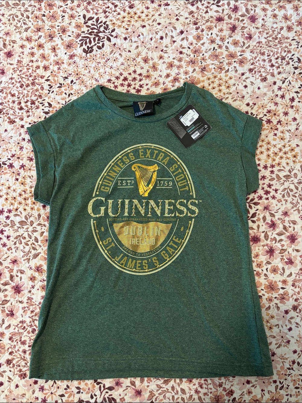 Guinness Women's Green Short Sleeve Tee with Gold Logo